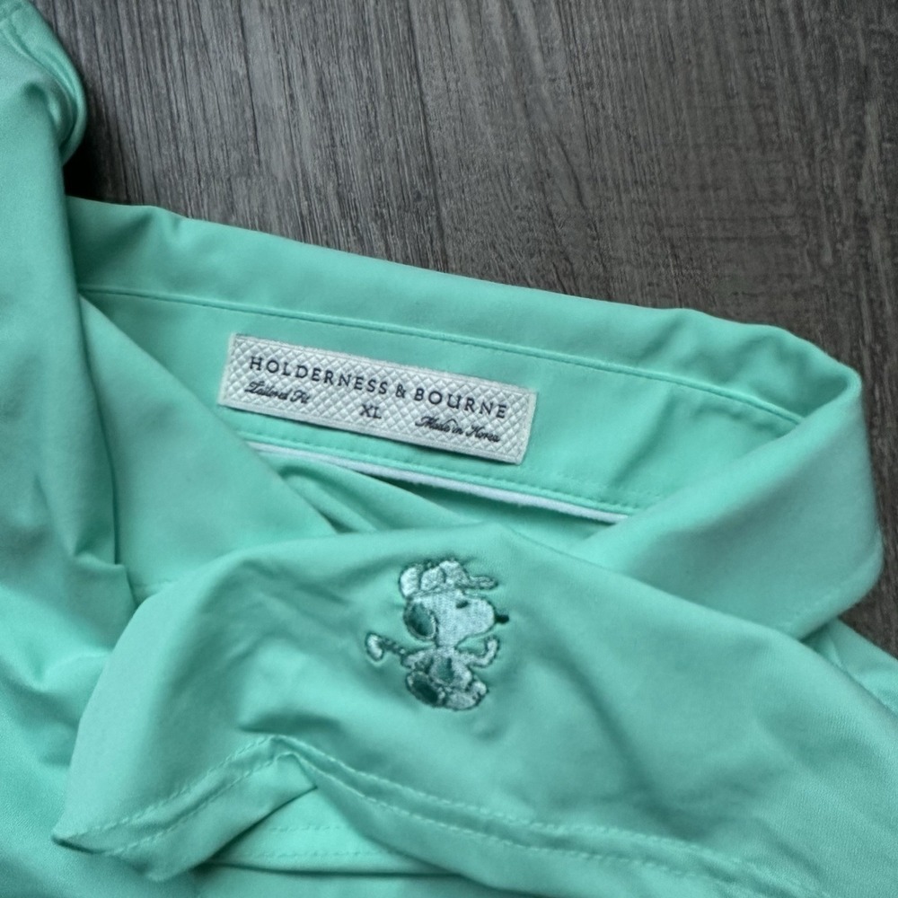 HOLDERNESS BOURNE x SNOOPY GOLF Size XL Mens Polo Sport Shirt Teal Blue Rare EXC